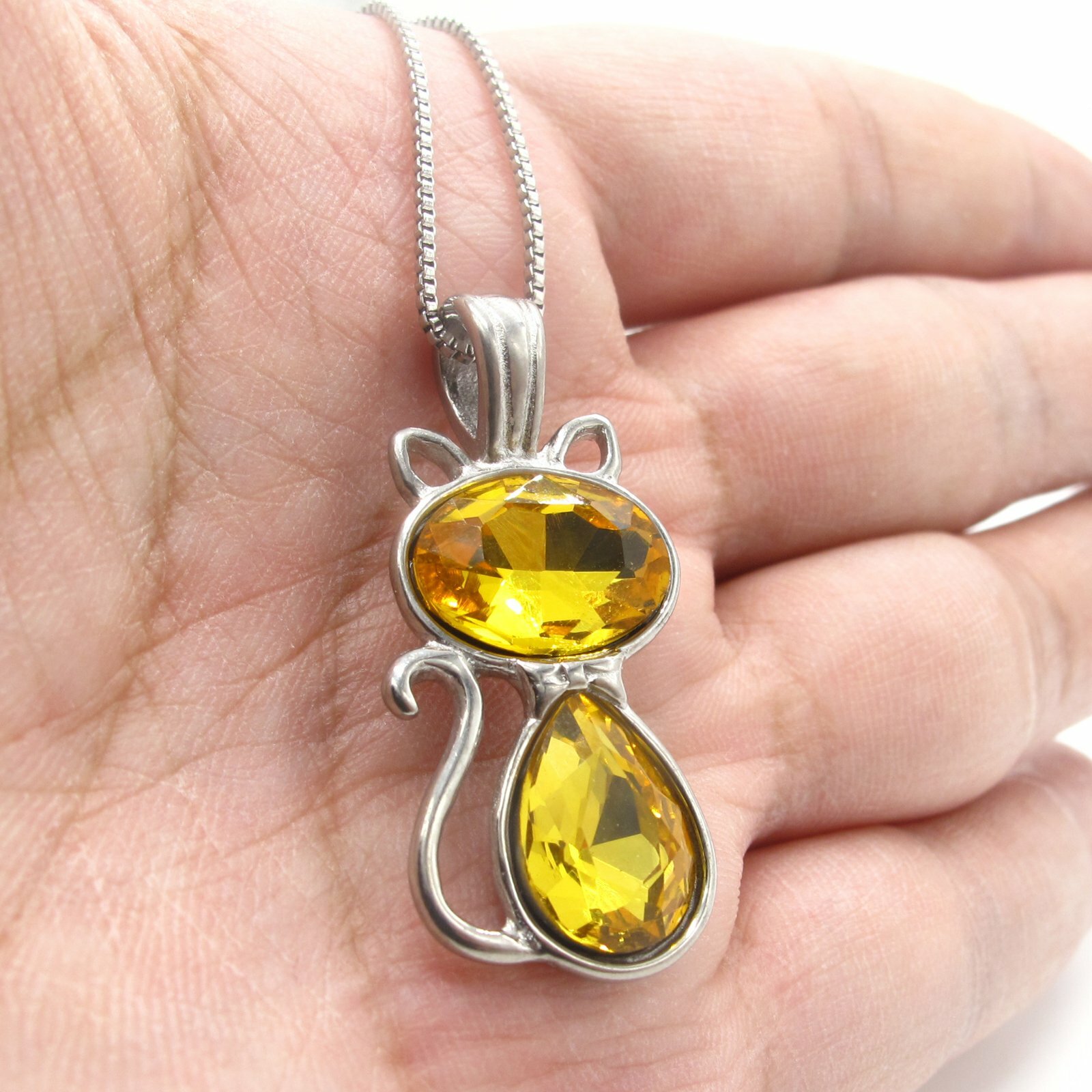 MENDEL Cute Girls Women Faux Yellow Citrine Lucky Kitty Cat Pendant Necklace Set