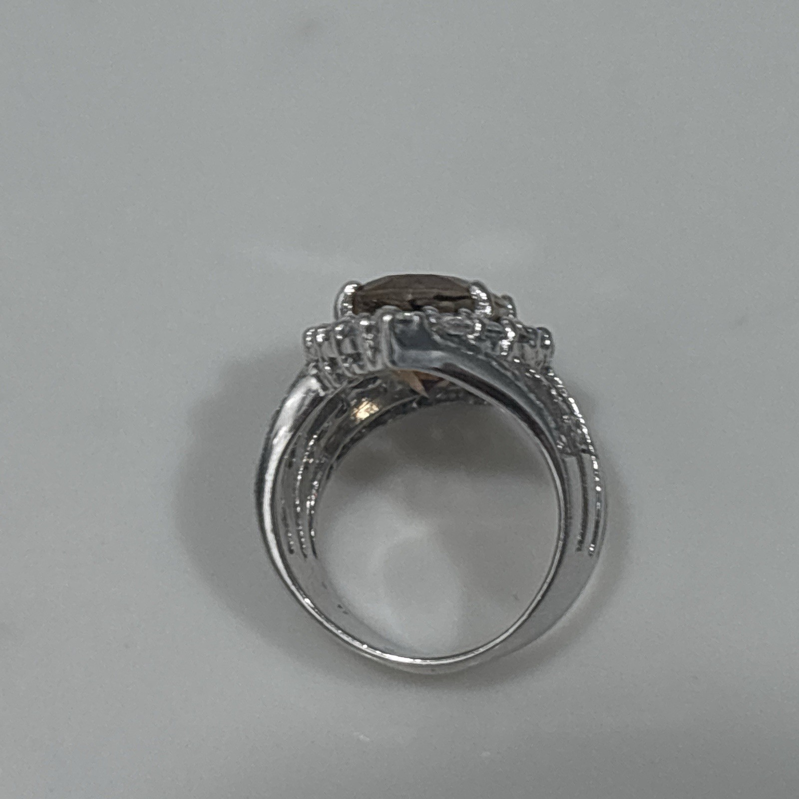 Sterling Silver Ring Statement Cocktail Brown Orange Stone CZ Split Shank 6.5