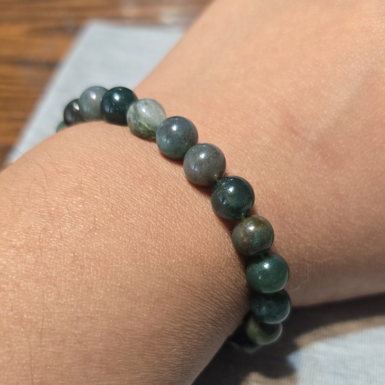 Moss Agate Round Gemstone Beaded Stretch Bracelet No Clasp