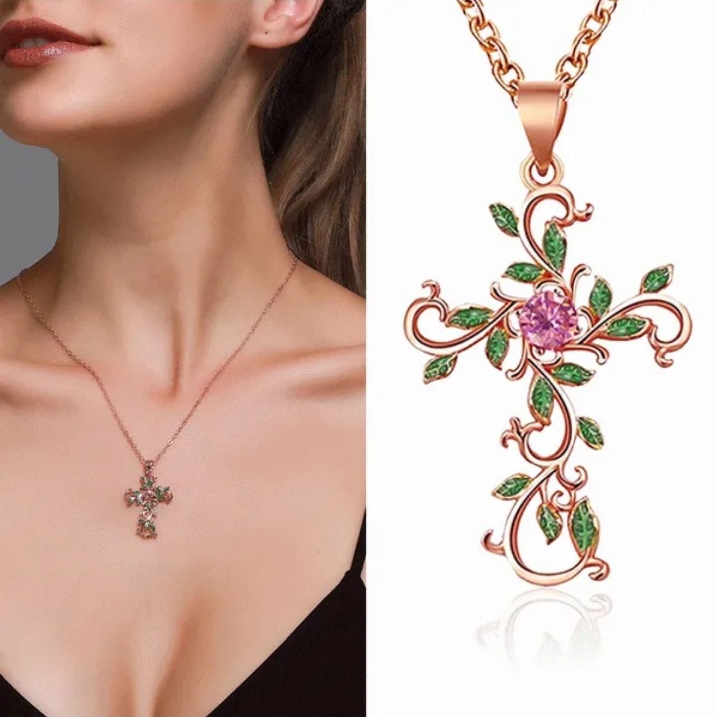 God We Trust Cross Rose Gold-tone Dainty Necklace Crucifix Diamond Cut Crystals