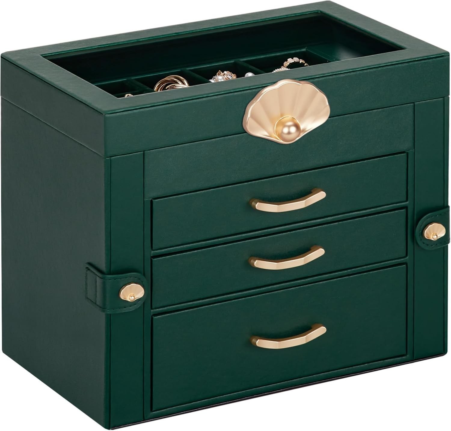 Jewelry Box 3 Drawers Glass Lid Leather Organizer Storage Display White Gift