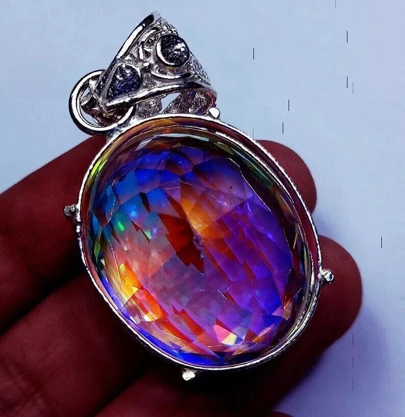 Natural Oval Mystic Topaz 98.15 Ct+ 925 Solid Silver Rainbow Pendant Gemstone