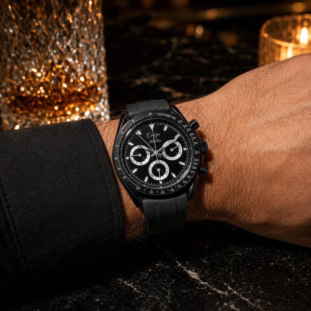 Custom Élan Noir Mens Chronograph Watch Black Dial Sapphire Crystal Steel 40mm