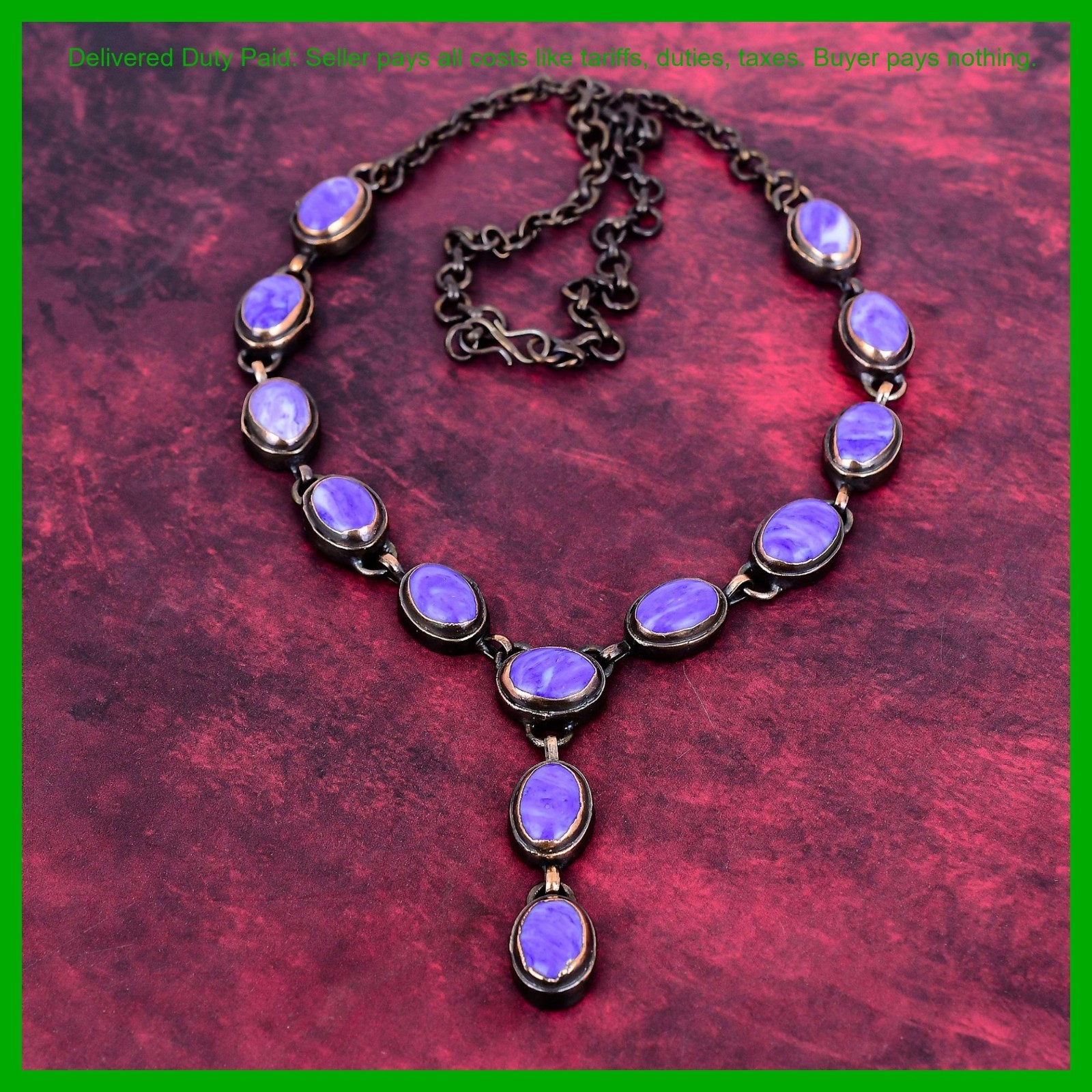 Valentines Sale Charoite Stone Electroformed Bezel Chain Necklace Jewelry Copper