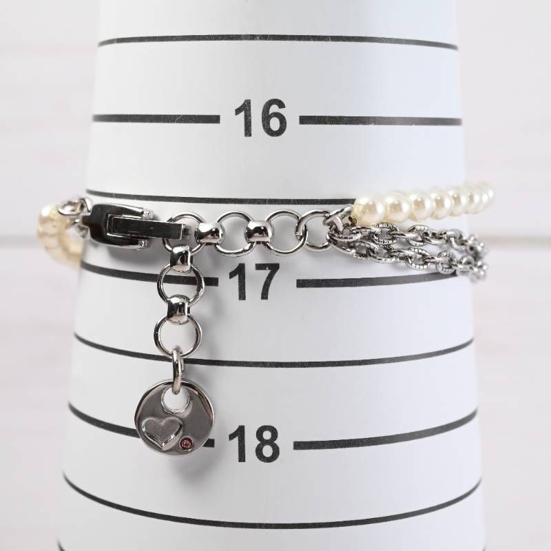 sara ladies’ wristwatch pearl bracelet watch oval shell dial heart motif silver