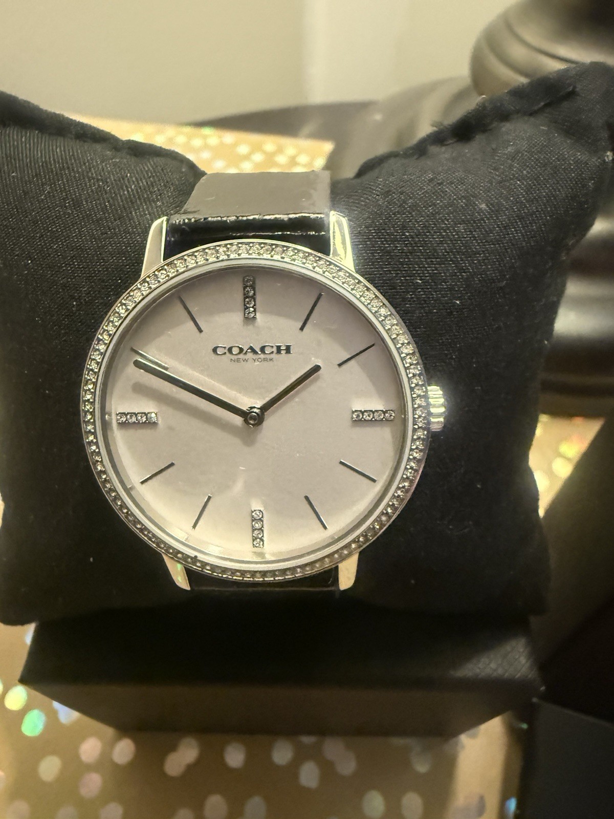 COACH Audrey Silver 36mm White Dial w/Crystals & Black Band Quartz Lady’s Watch