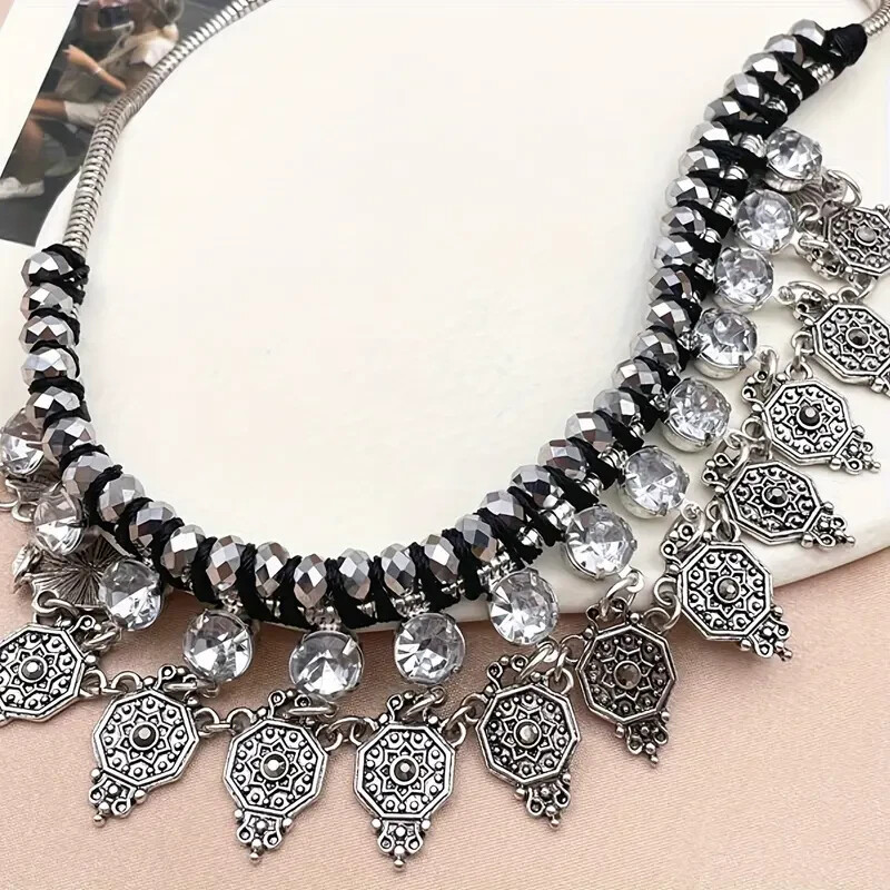 Grey Glass Beads Black Cord Wrapped Rhinestone Dangle Silver Tone Necklace