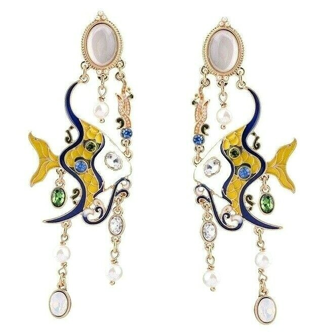 US Seller Betsey Johnson Metallic Jewel Fish Dangle Earrings Blue Yellow Pearl