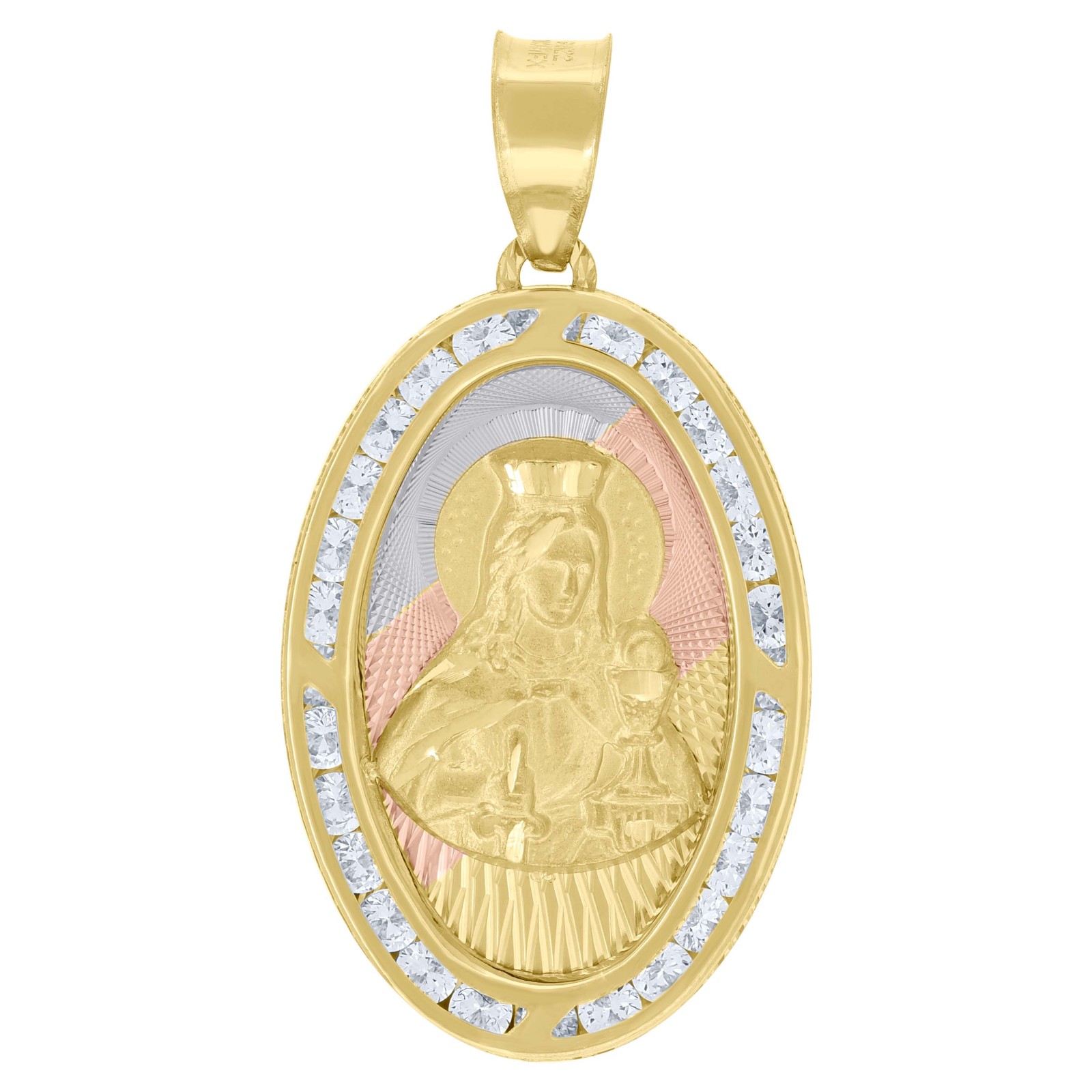 10kt Tri-Color Gold Unisex CubicZirconia Texture Santa Barbara Oval Char Pendant