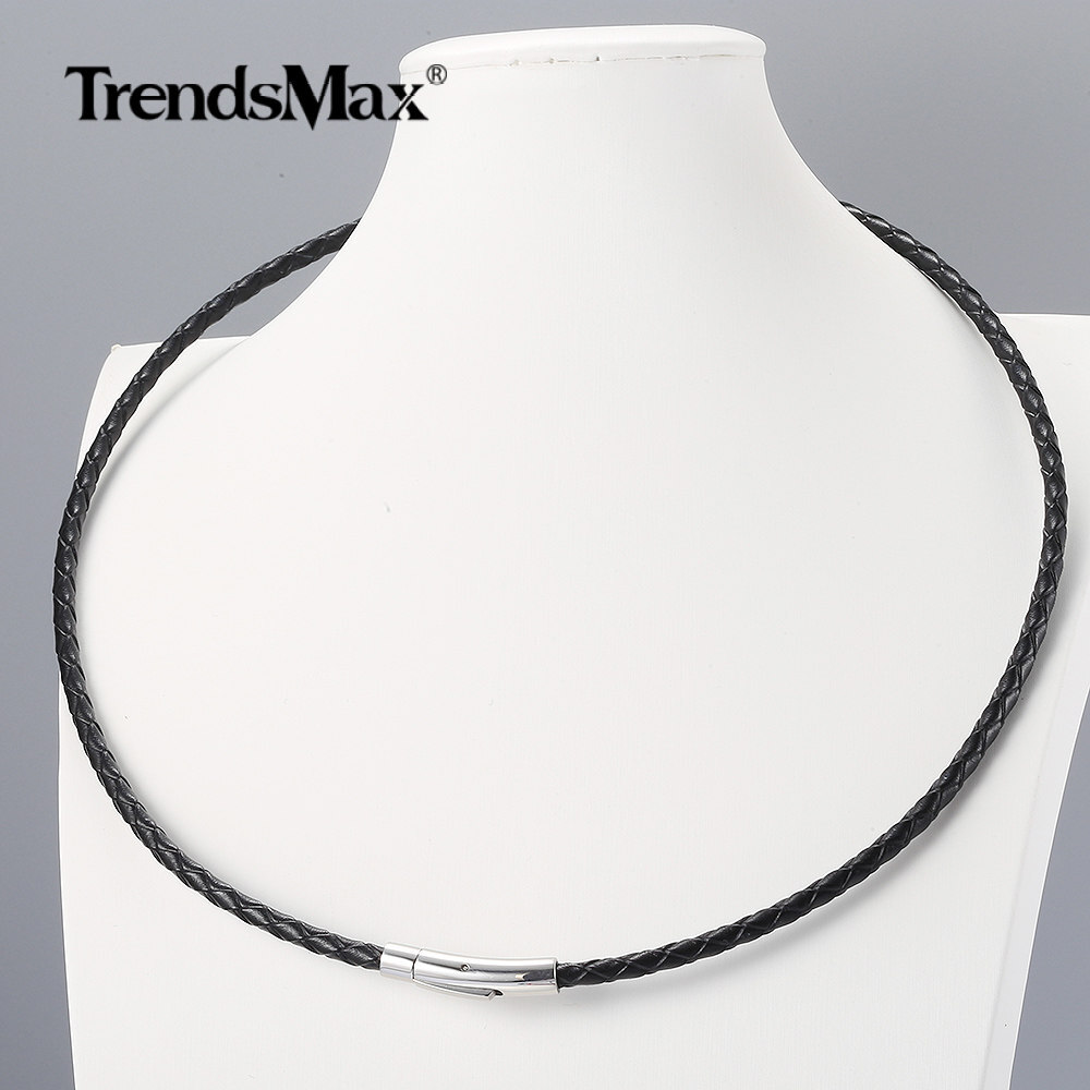 4MM Man-made Braided Leather Rope Cord Necklace Stainless Steel Push Lock 16-30″