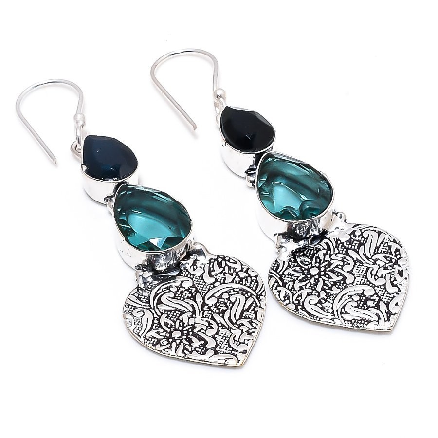 Blue Topaz & Black Onyx Earrings 925 Sterling Silver Handmade Heart Dangle