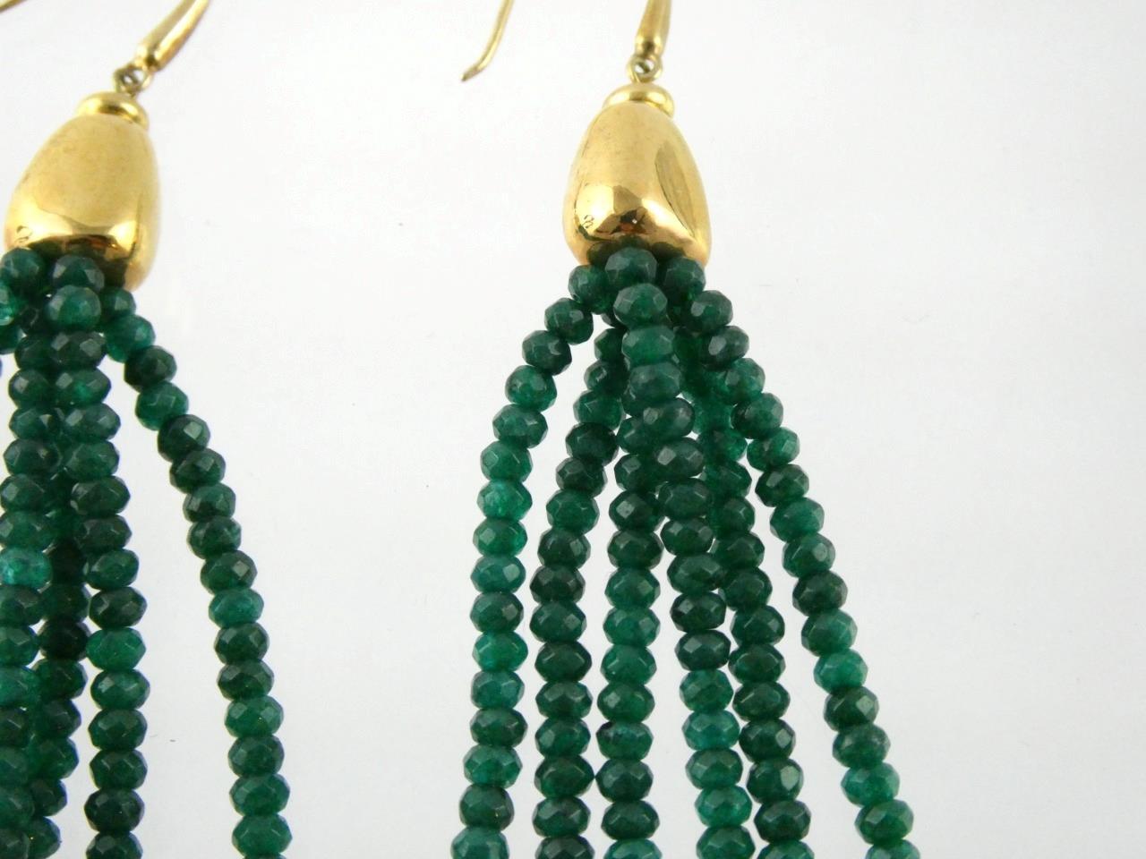 Gilded Sterling Silver Faceted Green Onyx Tassel Hook Earrings 925 18.7g 3.75 In