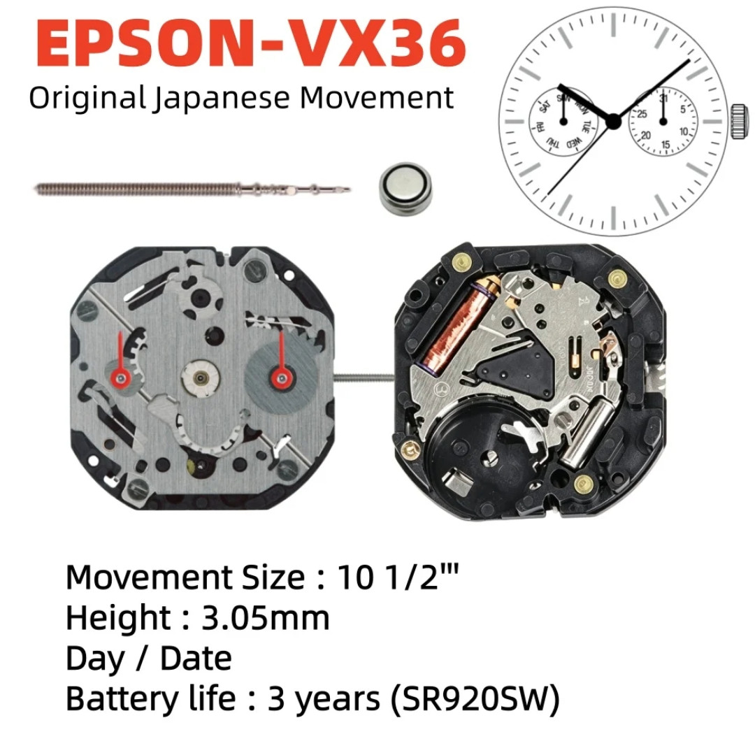 Original Epson VX36B Quartz Watch Movement Day Date 3-Hand Japan Replacement