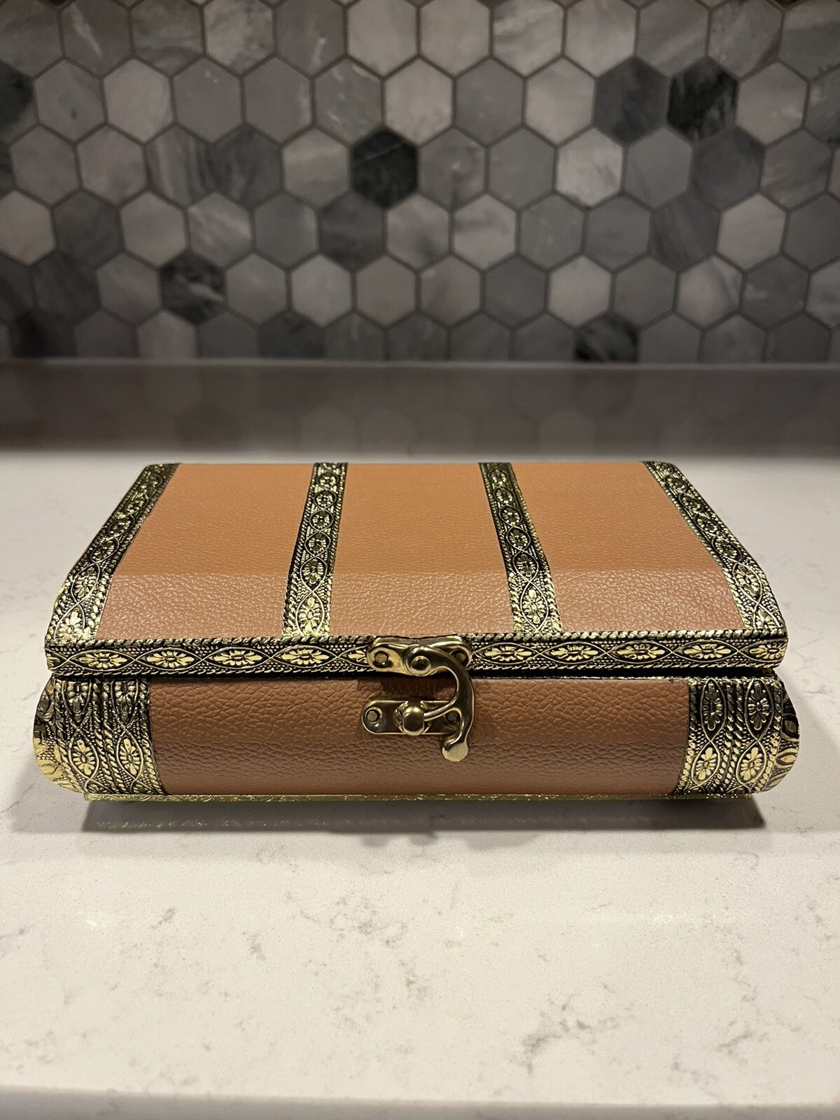 Vintage Trinket Box Camel Faux Leather Red Fabric No-Scratch Interior Hinged
