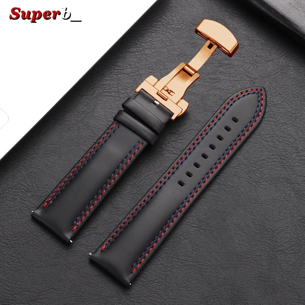 Genuine Calfskin Leather Watch Band 20mm 22mm 24mm Butterfly Buckle Strap