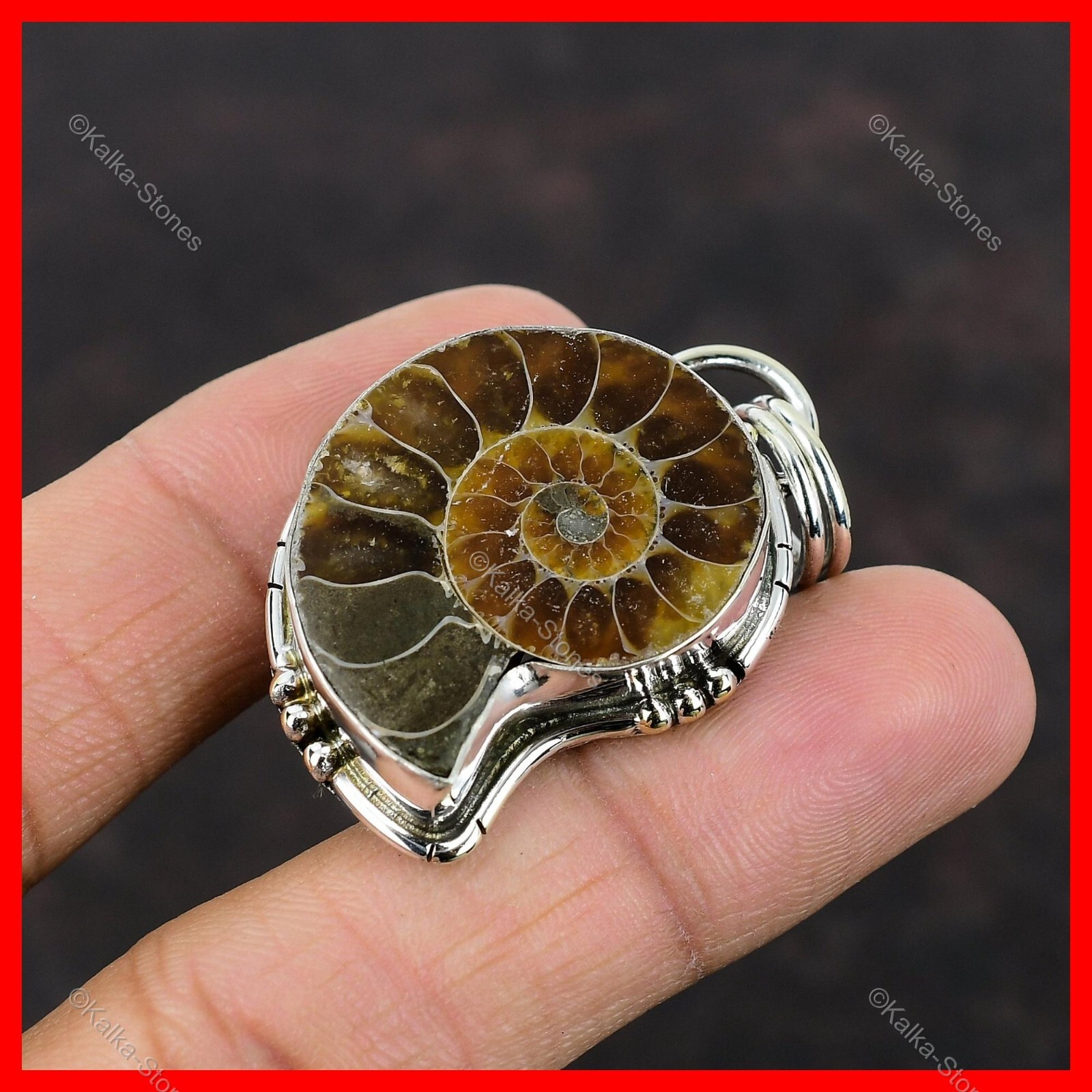 Pear Ammonite Fossil Stone 925 Sterling Silver Vintage Ethnic Pendant Jewelry