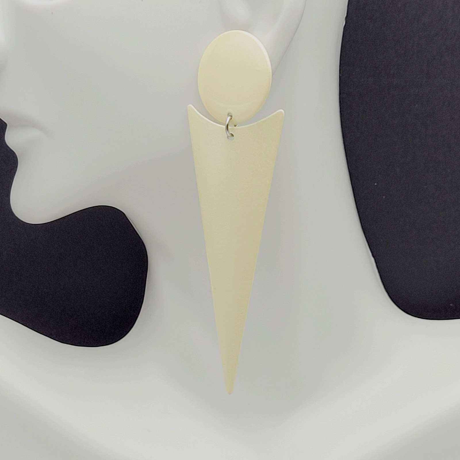 Minimalist Geometric Long Drop Dangle Metal and Cream Enamel Vtg 1980s Earrings