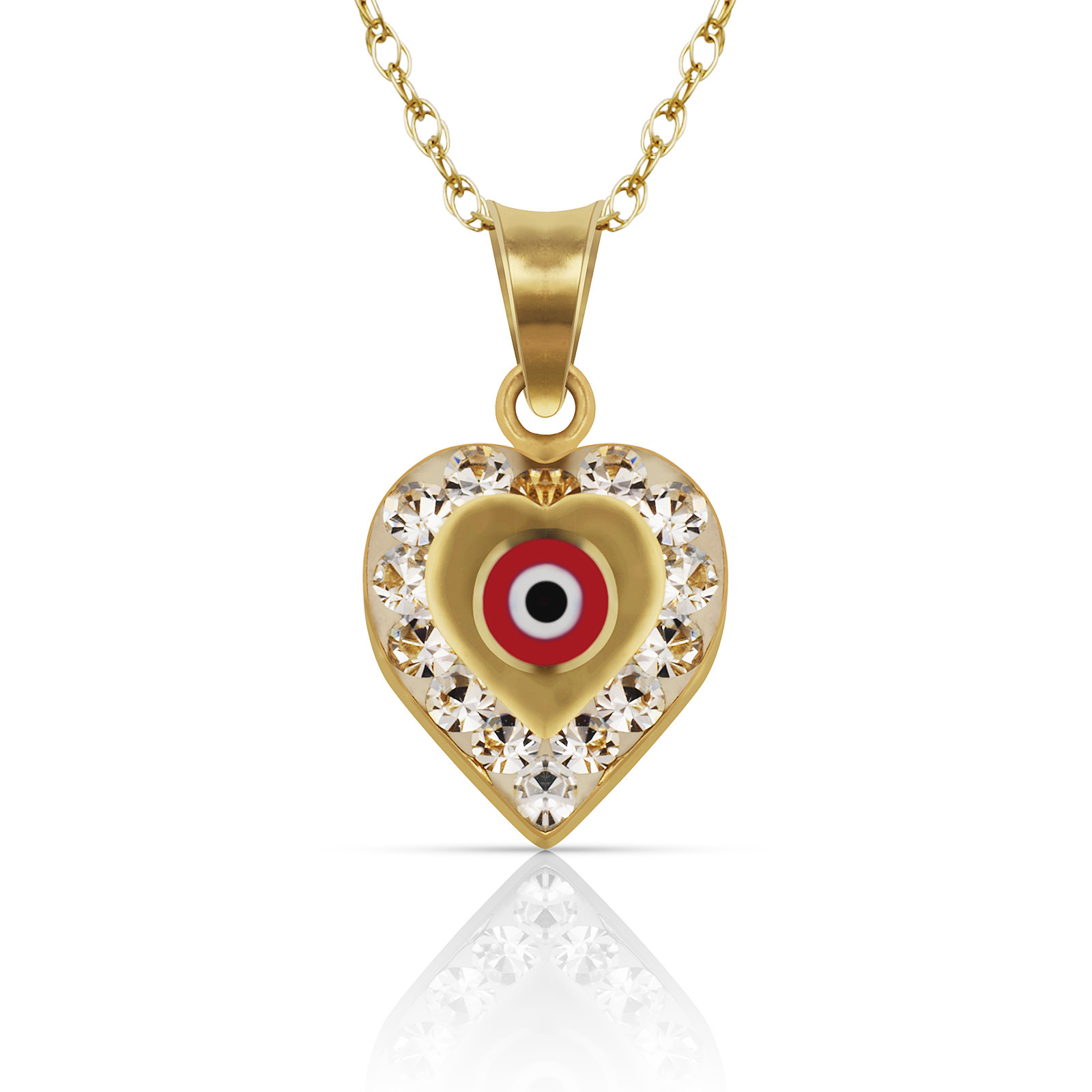 14k Yellow or White Gold CZ Heart Evil Eye Pendants