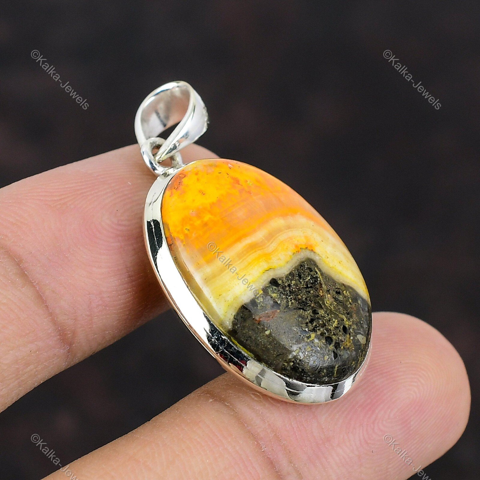 Natural Bumble Bee Jasper Gemstone Pendant Yellow 925 Sterling Silver Jewelry