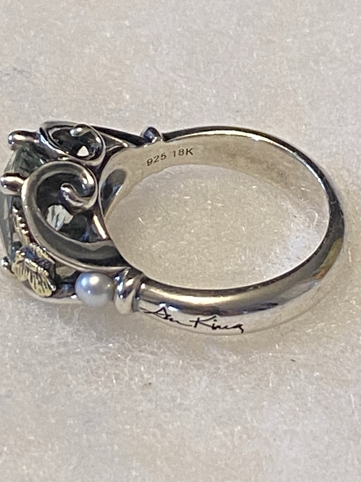 ANN KING Sterling Silver 18k Gold Light Green Pearl Butterfly Ring Size 9.5