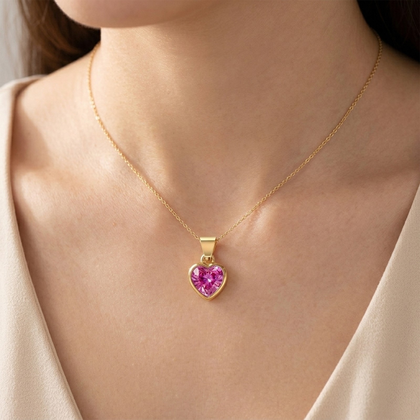 9k Solid Gold 3mm Pink Sapphire Heart Charm Pendant September Birthstone Jewelry
