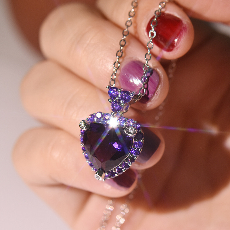 Love Heart Full of Stone Purple Amethyst Gemstone Silver Women Necklace Pendants