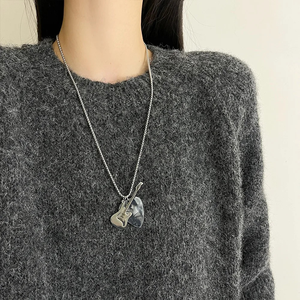 Hip-hop Guitar Pick Necklace Titanium Steel Trendy Guitar Pendant Chain Punk Vin
