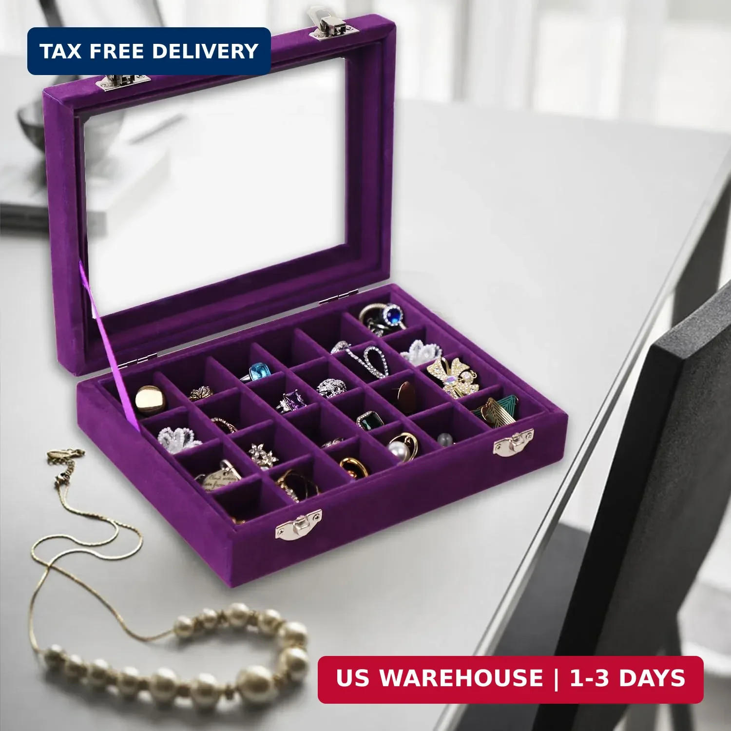 Velvet Jewelry Box 24 Grid Jewelry Earrings Display Organiser Box Ring Tray Hold