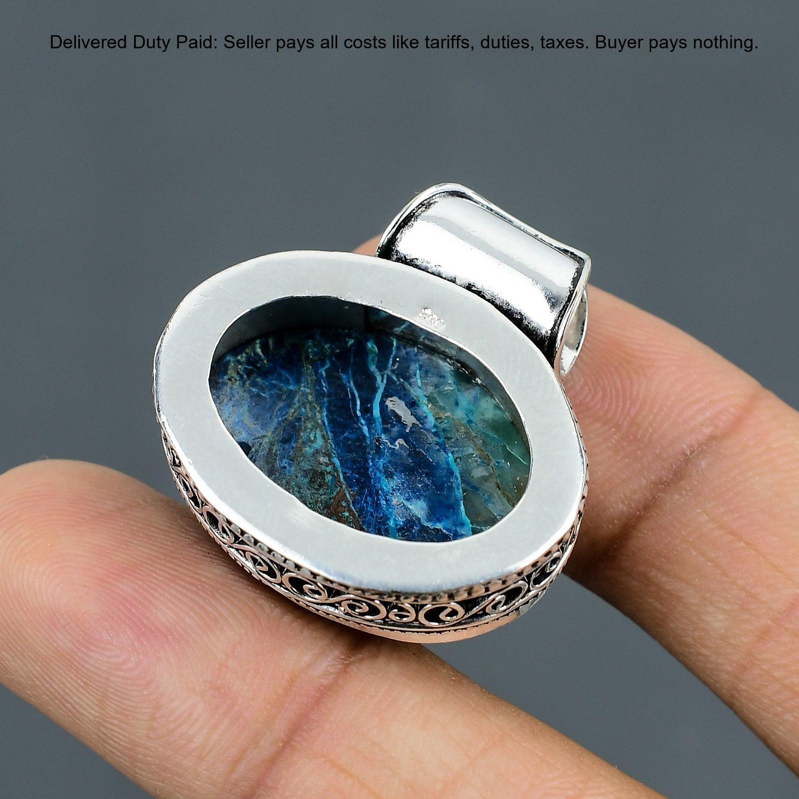 925 Sterling Silver Azurite Malachite Gemstone Unique Vintage Engagement Pendant