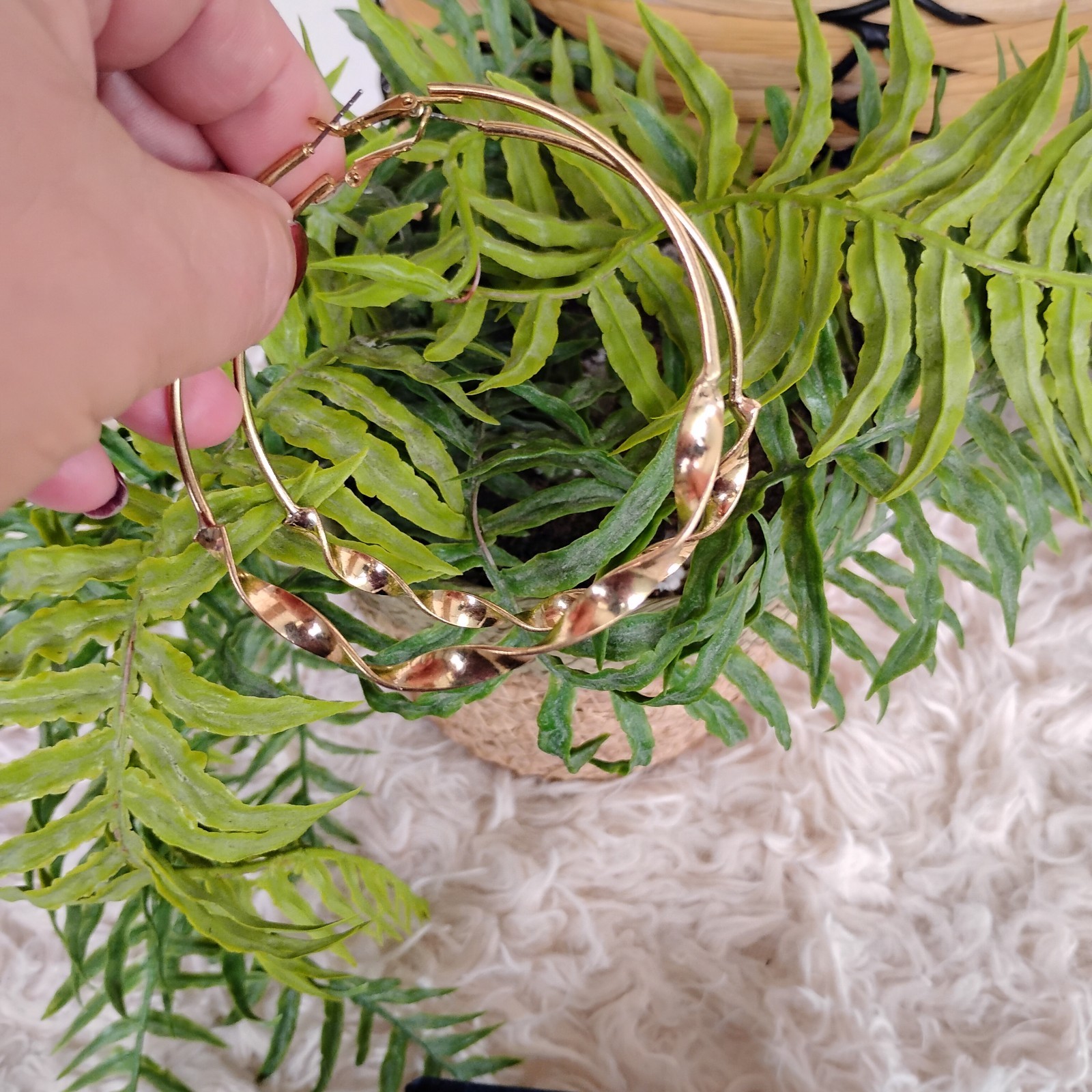 Gold Tone Round Hoop Earrings, Twisted Design, Latch Back Closure