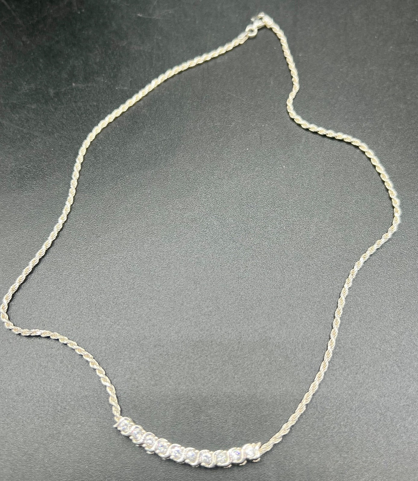 17″ SU Signed 925 Sterling Silver CZ Curved Bar Rope Chain Necklace 7.68g