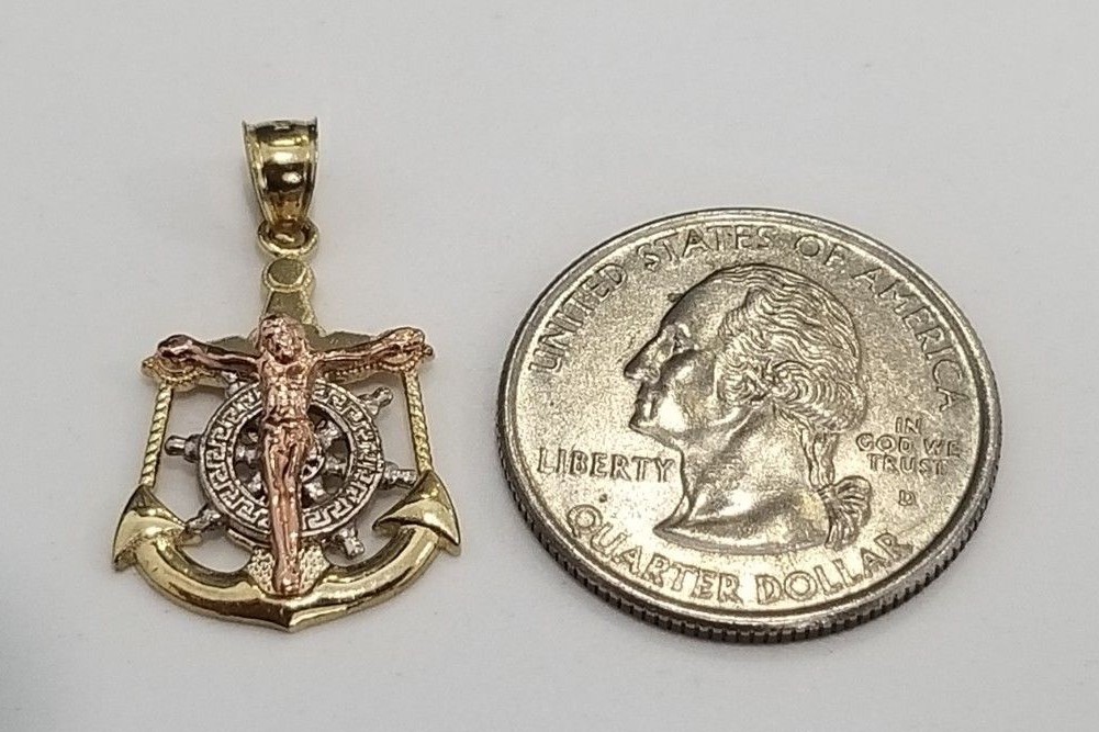 Real 10k Tri Tone Gold Anchor Jesus Cross Wheel Pendant Charm 20″ Rope Chain Set