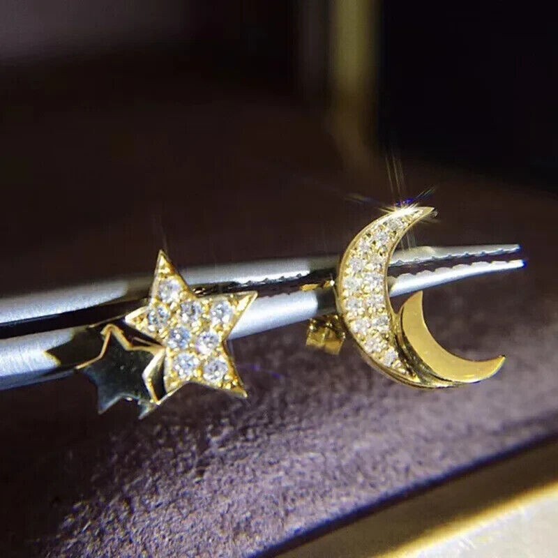 Round Simulated Diamond Women’s Moon Star Stud Earrings 14K Yellow Gold Plated