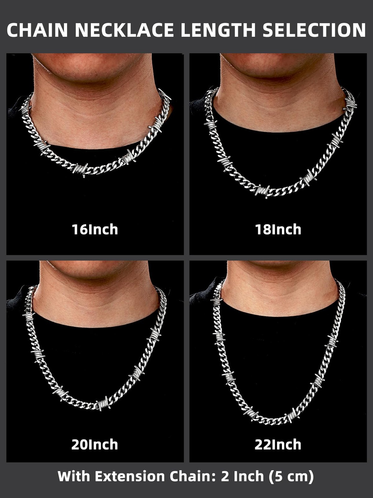 Stainless Steel Barbed Wire Necklace 9mm Thick Heavy 18 inches, a. 9mm-Silver