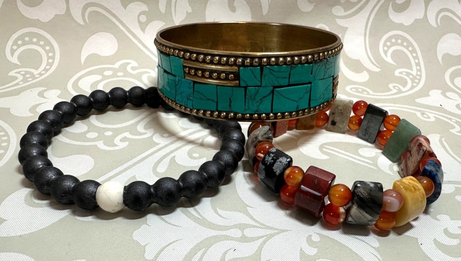 Boho Chic Bracelets Faux Turquoise Beaded Hematite Goldstone Rubber