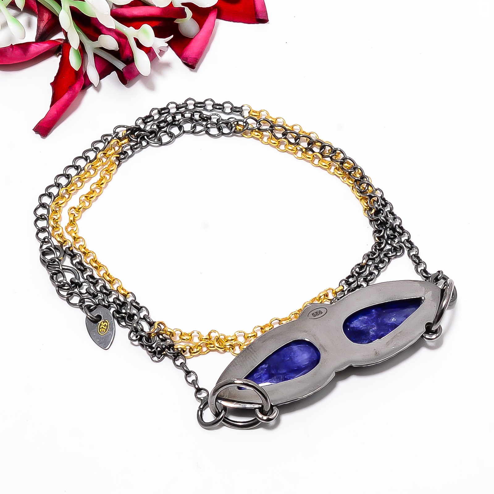 Blue Sapphire – Simulated Black & Gold Rhodium 925 Silver Chain Pendant 18-22″