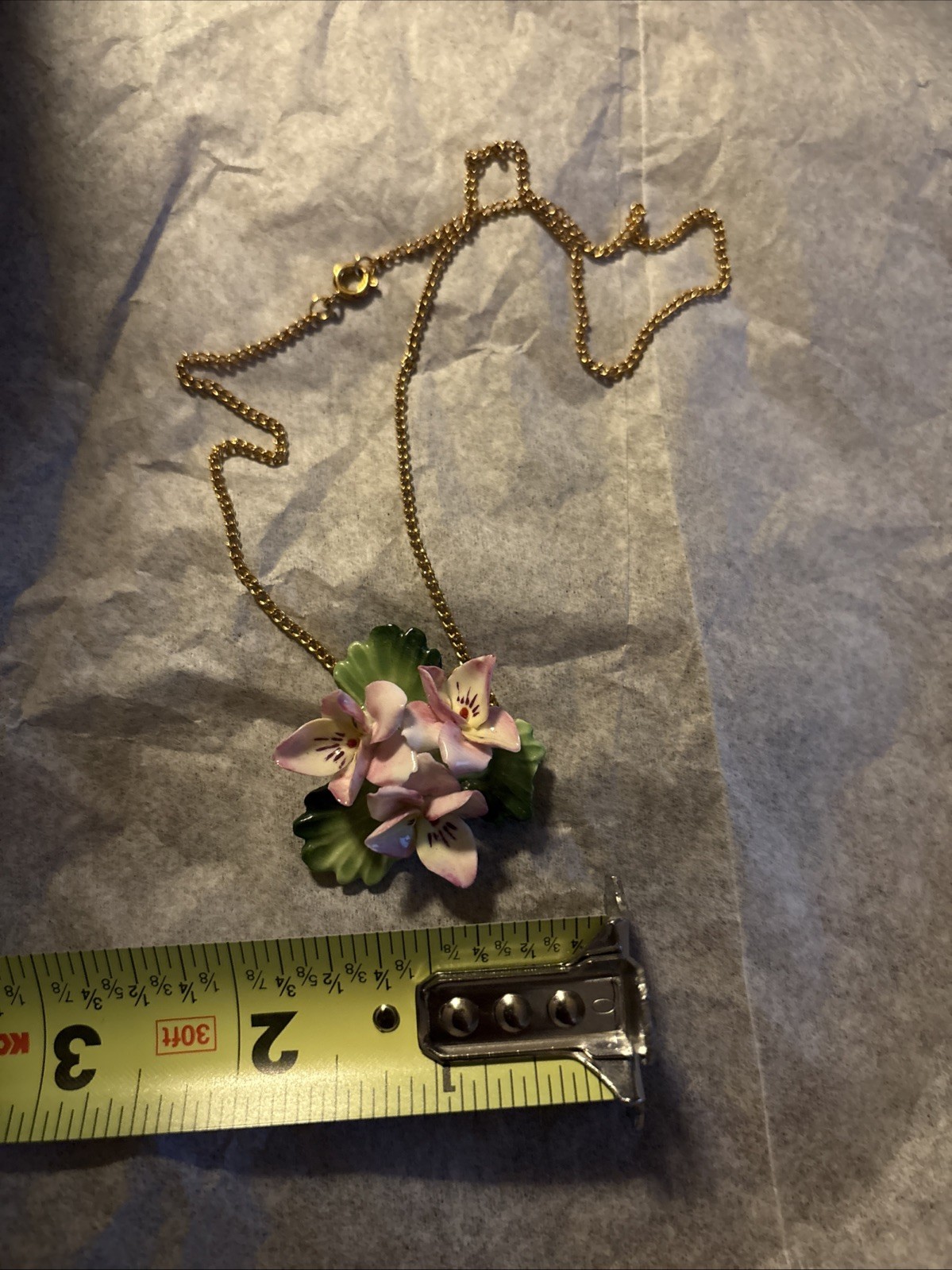 Vintage CARA China Freesia Flower Pendant On A Gold-Toned Staffordshire Necklace