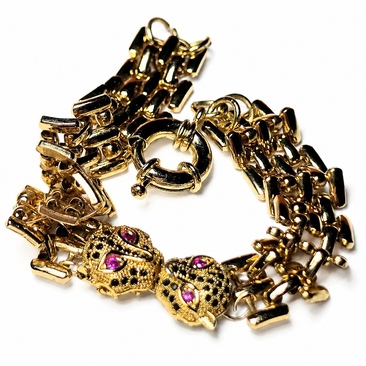 7″ Vintage Gold Tone Double Panther Head Gate Link Bracelet UV Ruby Eyes