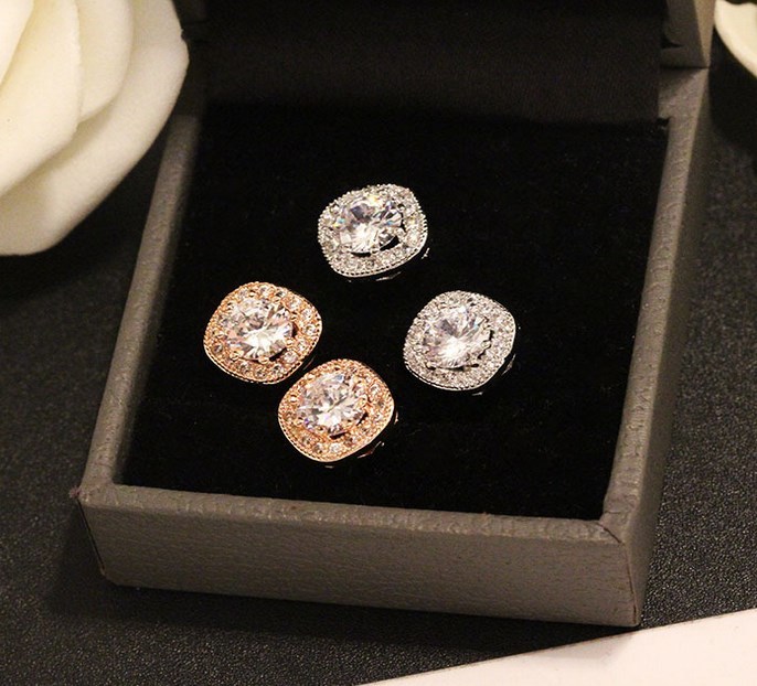 925 Sterling Silver Post Square Round CZ Stud Earrings Gift S1