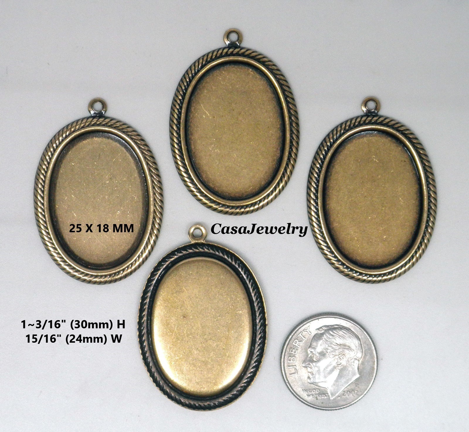 #1412 ANTIQUED GOLD ART DECO 25×18 BEZEL W/TOP HANG RING – 4 Pc Lot
