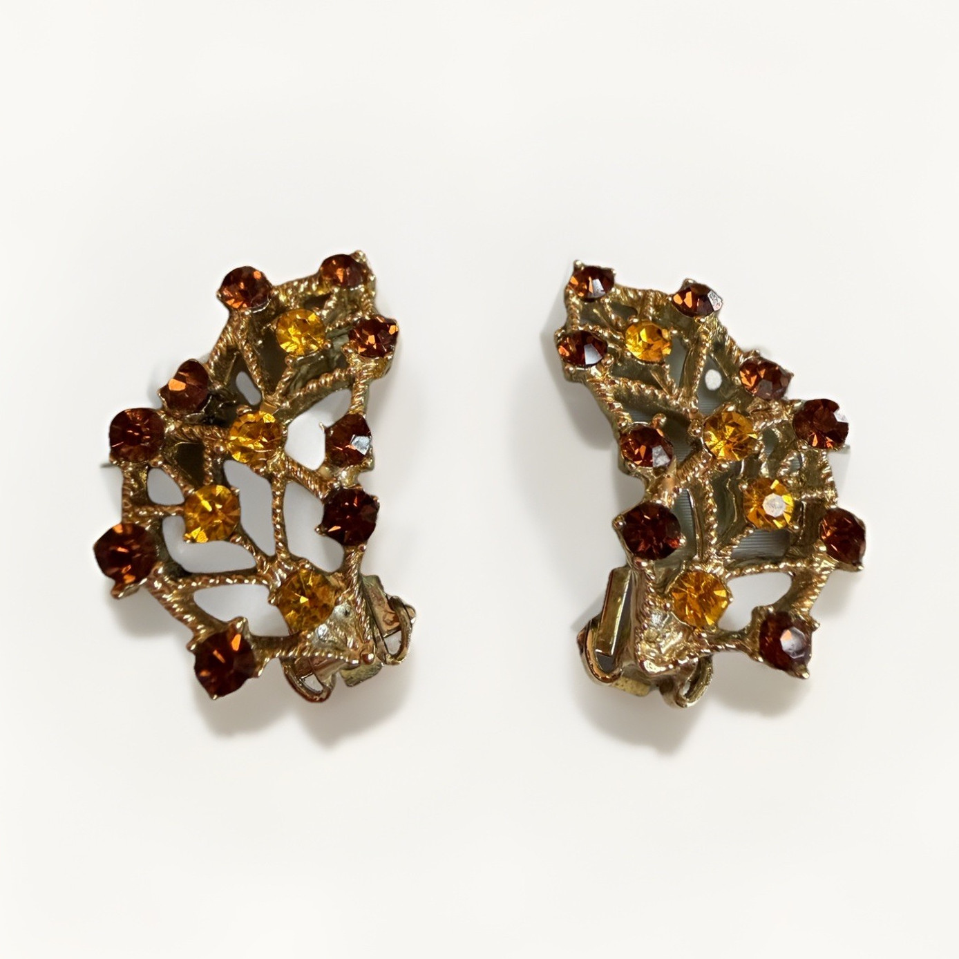 Gold Tone Amber Cintrine Rhinestone Ear Cuff/Climber Clip-On Earrings