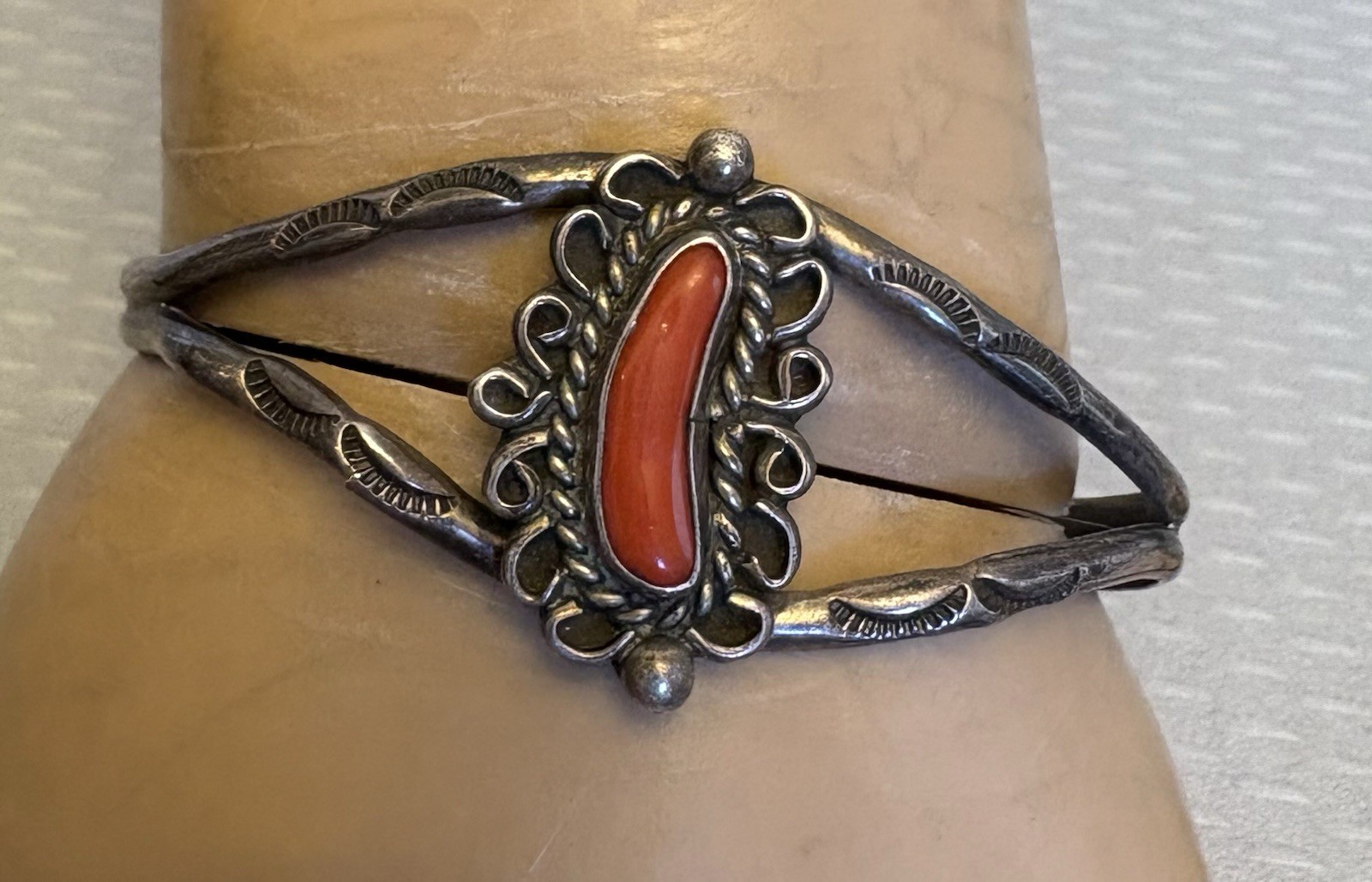 Vintage Navajo Sterling Silver Red Coral Cuff Stampwork Signed JJJ Bracelet READ