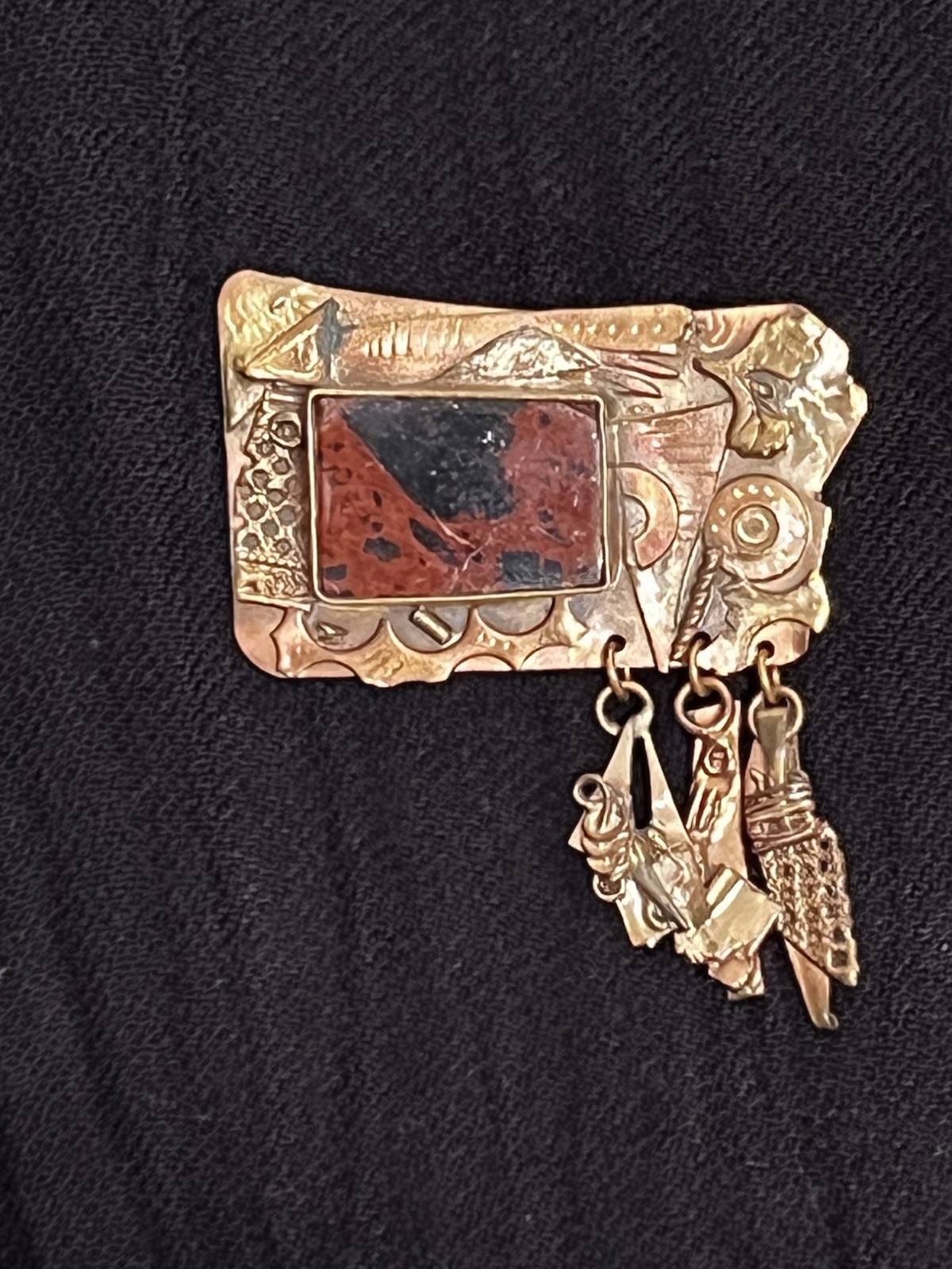 Unique Mixed Metals Collage Brooch/ Pin With A Brown & Black Stone 2.5”x2.25”