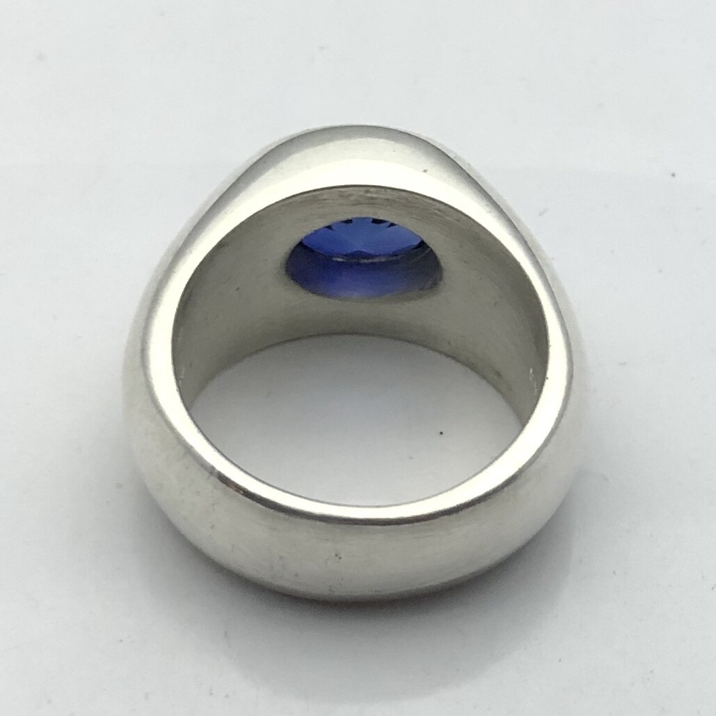 MJG STERLING SILVER MEN’S RING. 12 X 10mm FACETED LAB BLUE SAPPHIRE. SZ 9 3/4