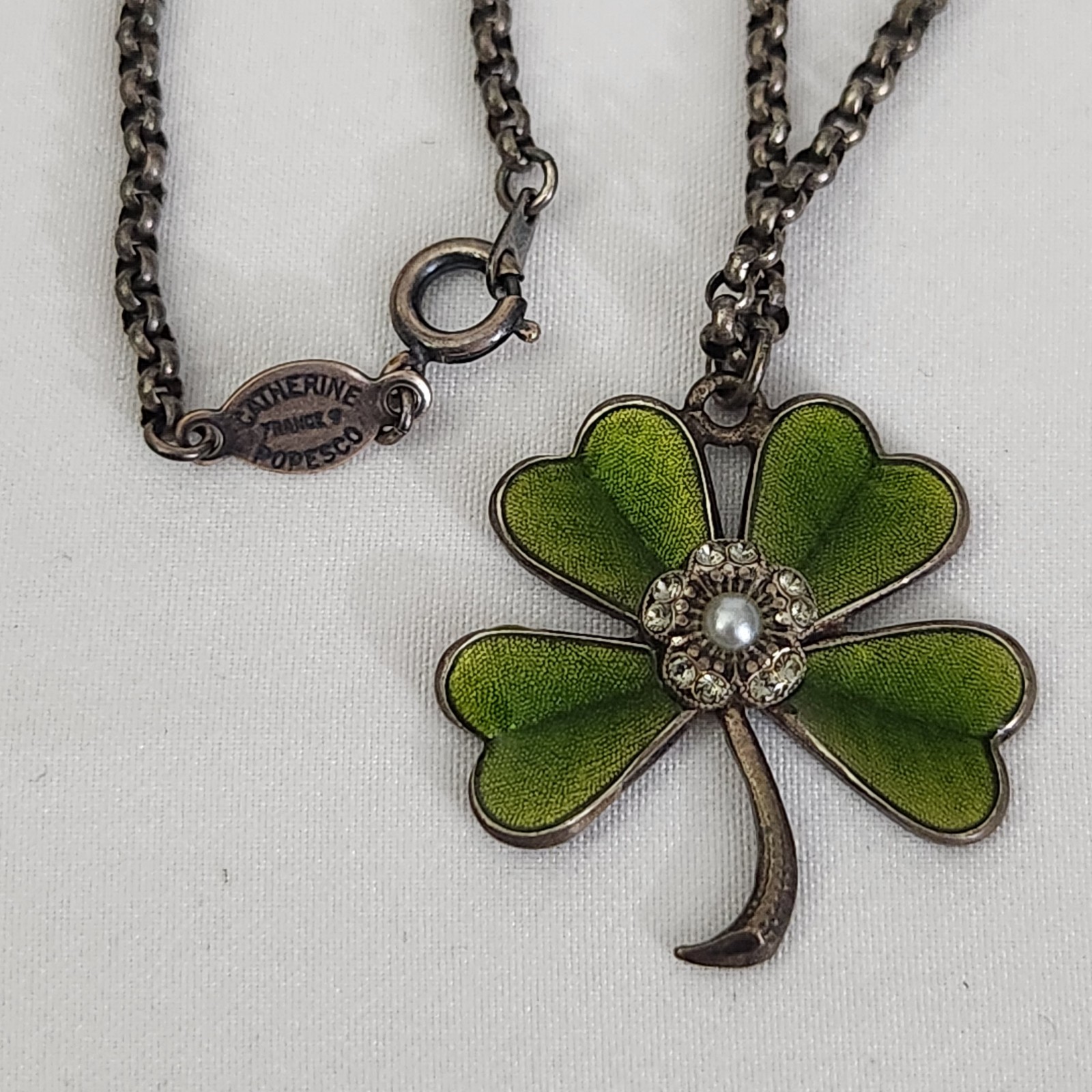 Catherine Popesco France Signed Green Enamel Four Leaf Clover w Rhinestone Pearl