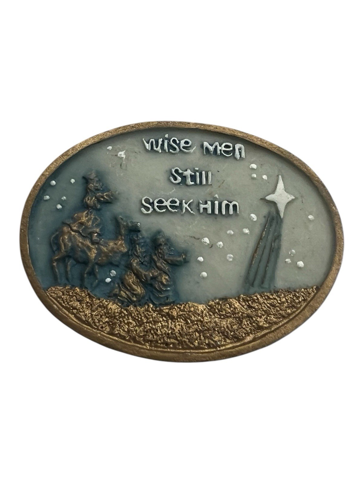 Oval “Wise Men Still Seek Him” Religious Christmas Brooch Pin Gold Blue 2 in