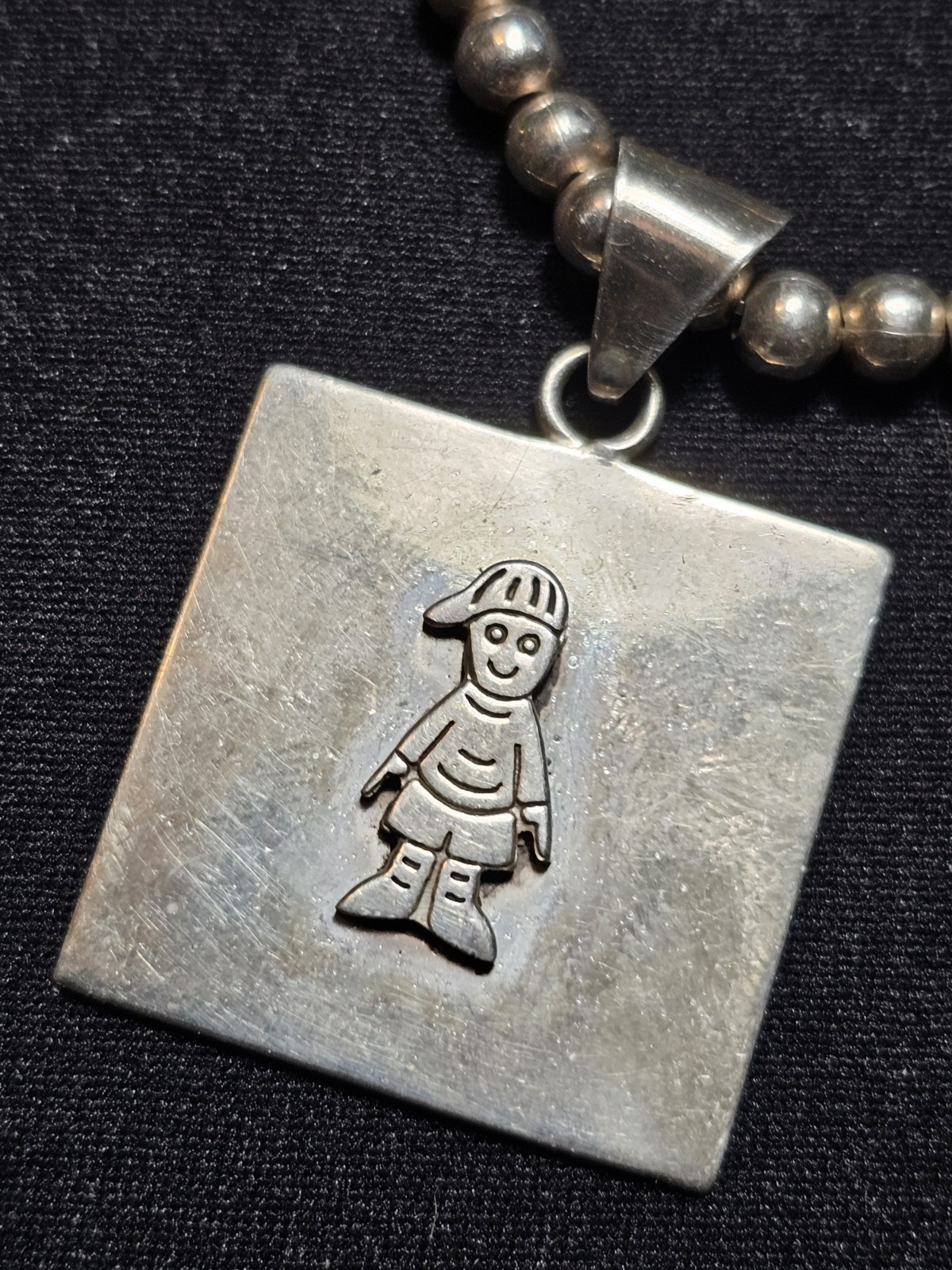 Italian Beaded Chain Little Boy Child Square Necklace & Pendant Silver .925 Y2k
