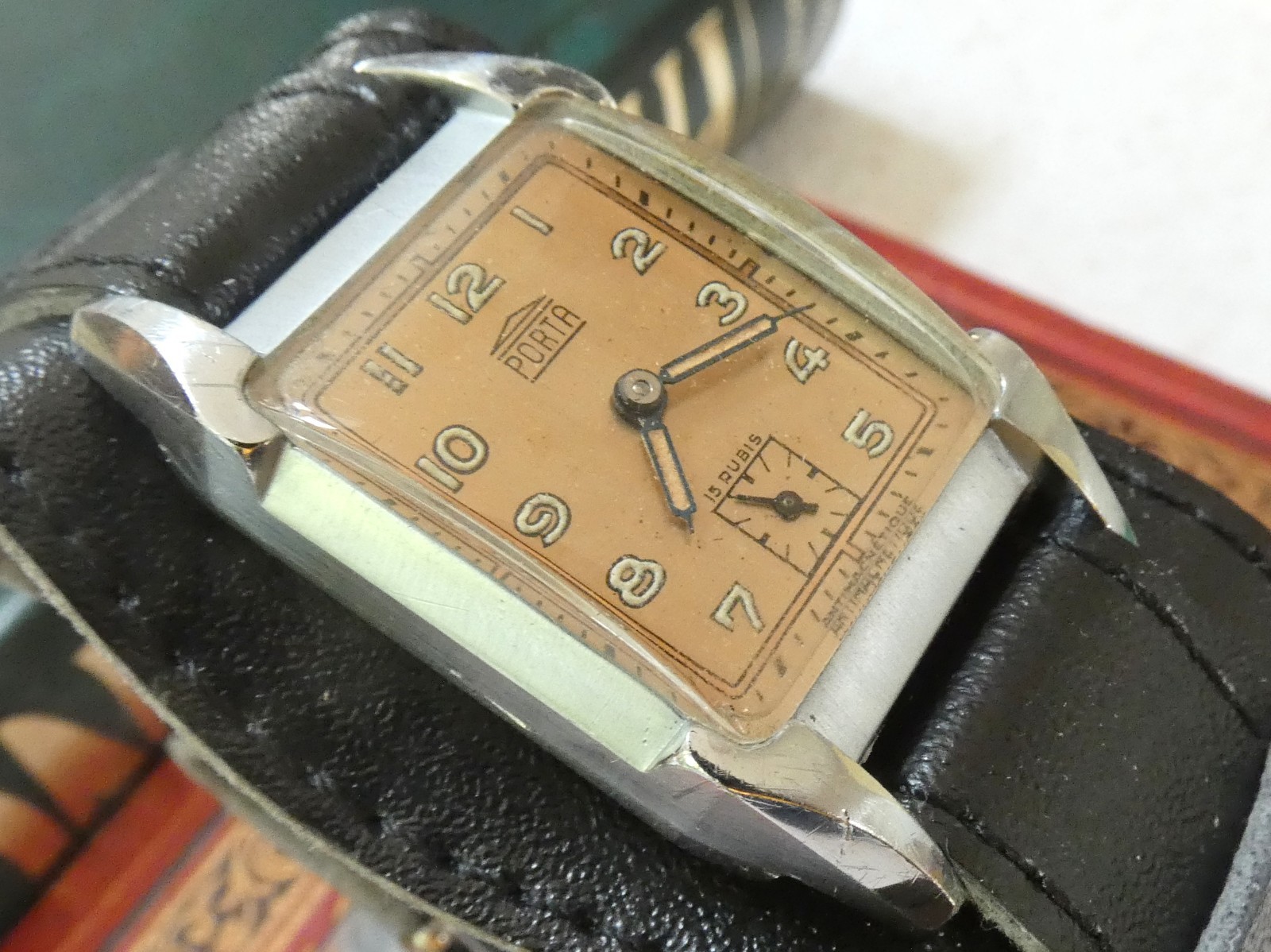 Vintage Art Deco PORTA 1930s German Tank Watch PUW 15 Rubis Tested Works Great