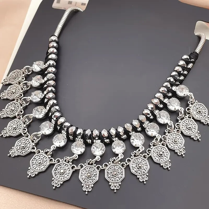 Grey Glass Beads Black Cord Wrapped Rhinestone Dangle Silver Tone Necklace
