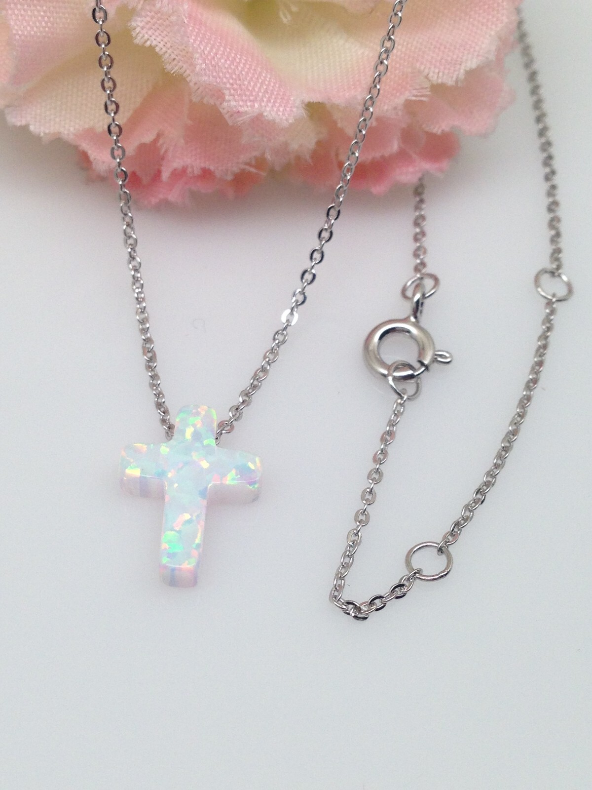 White Opal Cross Necklace 925 Sterling Silver Womens Girls 12mm 17.75″ Simulated